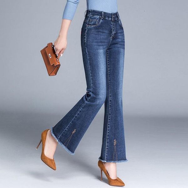 

women's jeans autumn women' s korean version of the middle waisted flannelette denim nine point pants women slim wholesale, Blue