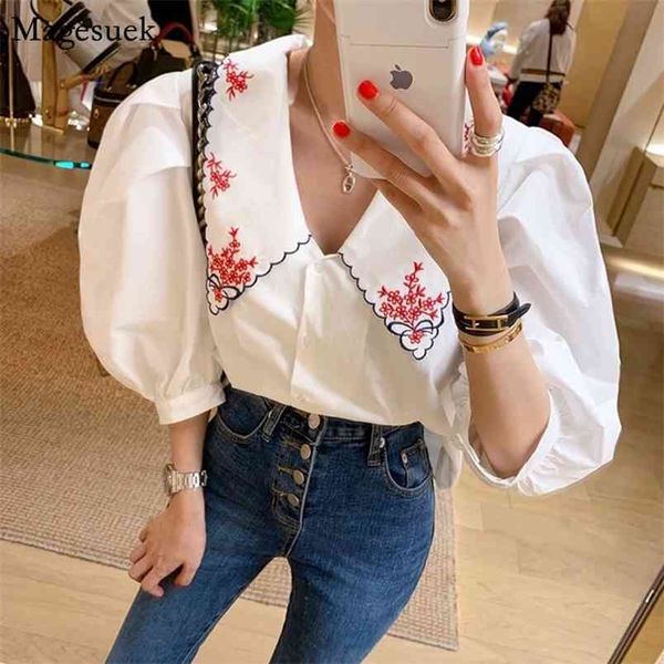 

korean sweet puff half sleeve women shirt turn down collar floral embroidery blouse blusas spring summer shirts 14173 210512, White