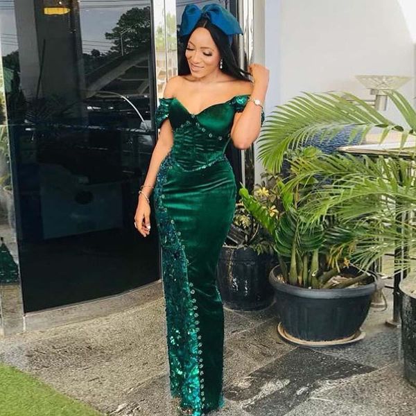 

party dresses velvet african mermaid prom with lace appliques off the shouder green dress for women aso ebi evening gowns, White;black