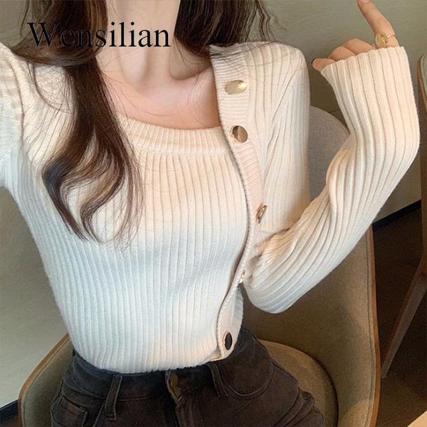 

women's knits & tees autumn sweater single-breasted knitted 2021 long sleeveop chic solid color pullover women pull femme, White