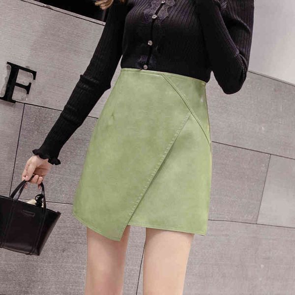

suits autumn winter women irregular wrap pu leather high waist sheath a-line mini skirts female, Black