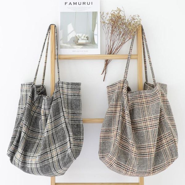 

women wool canvas bags scottish pattern vintage plaid female large capacity tote handbag ladies casual shoulder bag cross body