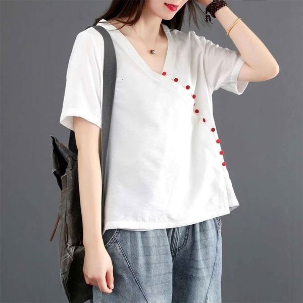

women's t-shirt summer arts style women short sleeve loose t-shirt slanting button v-neck cotton linen tee shirt femme solid, White