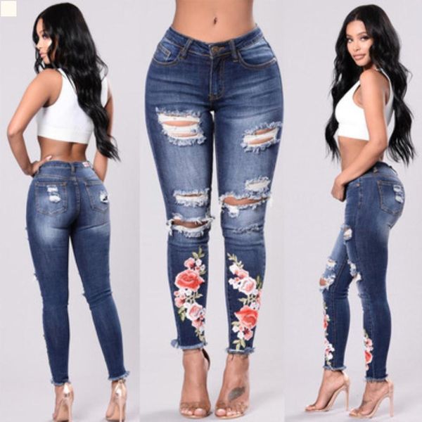 

woman women designer jeans femme female womans clothes ripped leggings streetwear denim trousers plus size pants high waisted fashion unique, Blue