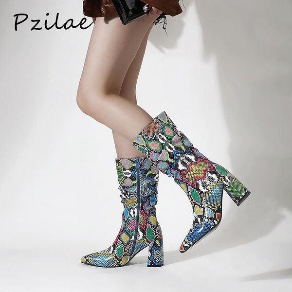 

boots pzilae colorful snake print women high heels thick mid-calf pointed toe zip shoes pleated autumn winter, Black