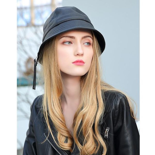 

wide brim hats real sheepskin leather bucket women ladies genuine hat fashion waterproof motorcycle hiphop caps 2021 size m-xl, Blue;gray