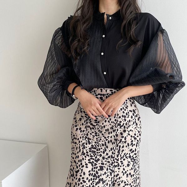 

dress korean autumn stripe mesh splicing perspective blouses fashion versatile soft solid color single breasted shirt, White