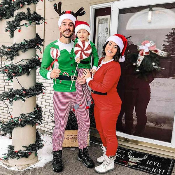

2020 family christmas long sleeve parent-child suit round neck stripe printing home two-piece set, Black;red