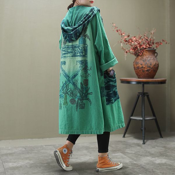 

wool retro-style denim button printed jacket with female hood trench coat, Black