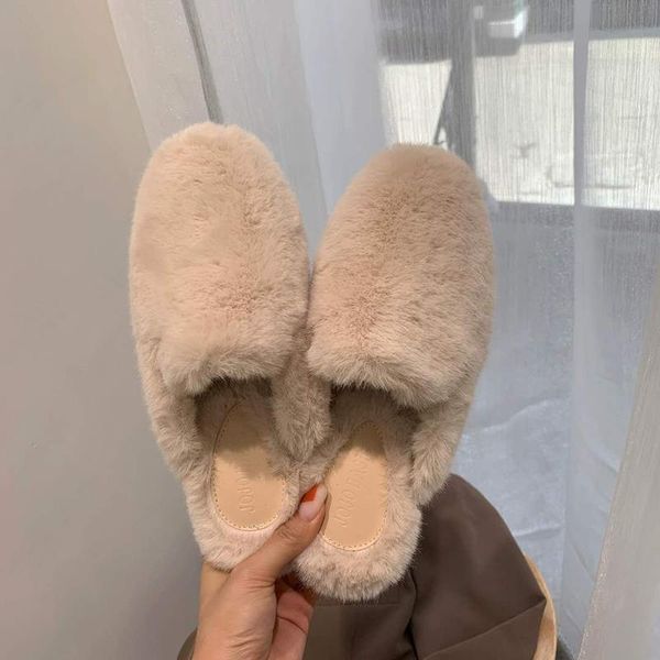 

woman slippers warm fur plush slides women shoes mules winter outdoor ladies for femmes 35-44, Black