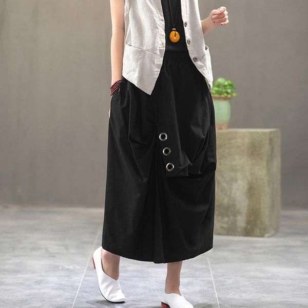 

fashion long maxi skirts for women elastic waist summer cotton linen irregular black grey