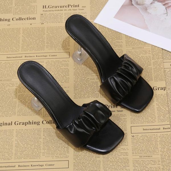 

slippers pleated brand design women braid sandals ladies high heel crystal thin fashion female slides summer shoes, Black