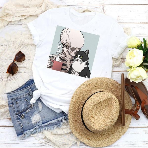 

women womens graphic sweet cat horror halloween funny printing cartoon 90s print female t shirt tees clothing, White