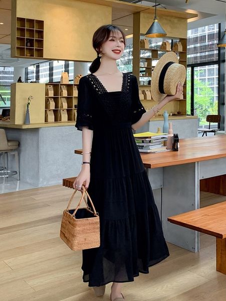 

dresses blue language large women's 2021 summer new french dress, Black;gray