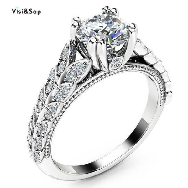 

visisap plant leaves finger rings for women micro inlaid zircon ring white gold color engagement jewelry drop b2151 wedding, Slivery;golden