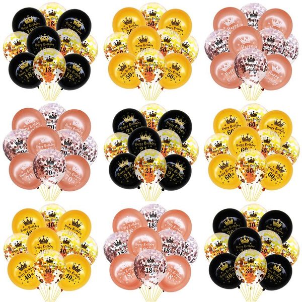 

party decoration 10pcs 12 inch black gold crown sequined balloons /18 21 30 40 50 anniversary birthday room background
