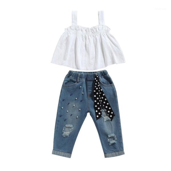 

clothing sets 2021 2 pieces kids suit set, solid color sleeveless + ripped jeans with dots strap for toddler, 2-7 years1, White