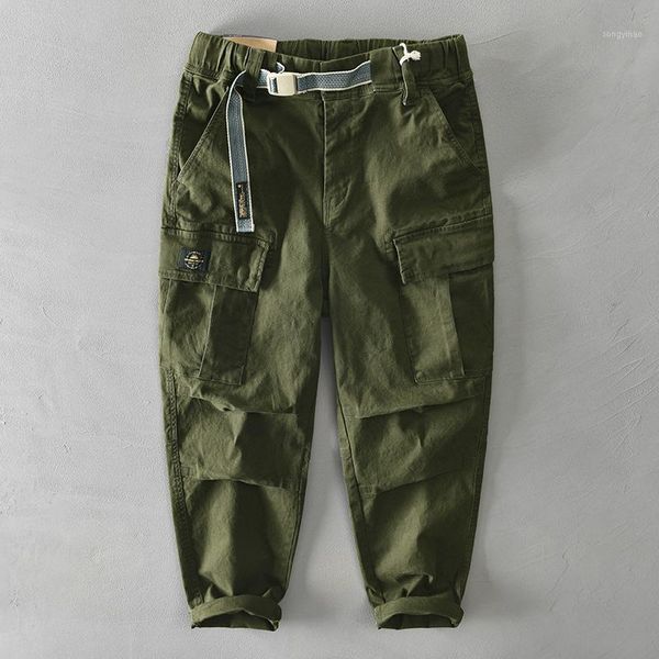 

men's pants 332 men spring fall solid color khaki army green multi pocket hip hop elastic waist belt casual cargo trouser, Black