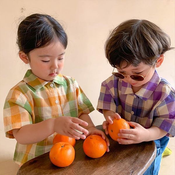 

summer kids shirt plaid for boys and girls turn down collar tees casual children clothes, Blue