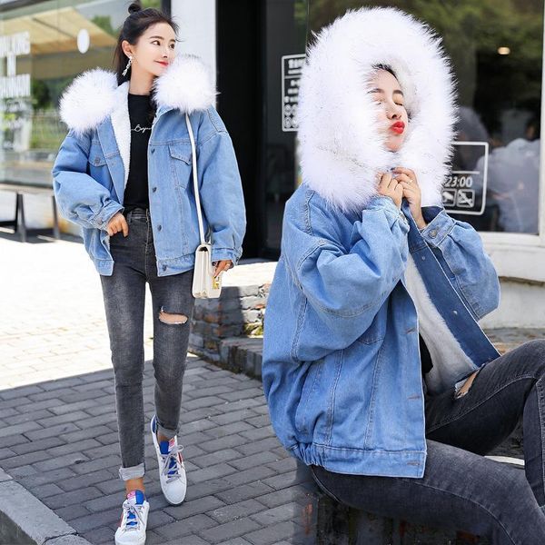 

women's down & parkas 2021 korean winter coat women big hair collar hat thicker casual loose plus size denim jacket cotton parka femal, Black
