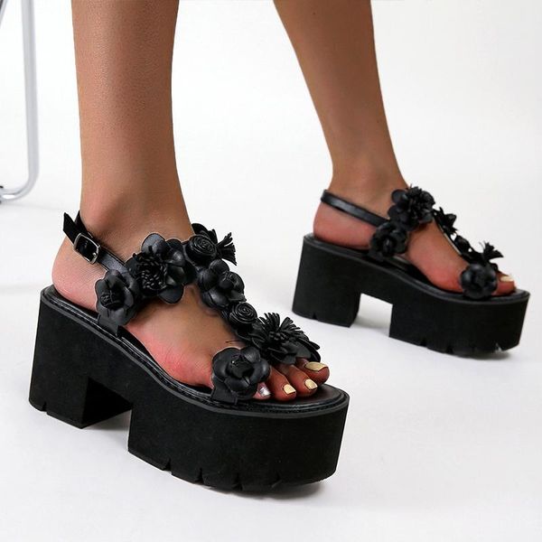 

sandals roman shoes summer women's gladiator woman wedges high heels flower demonia white platform, Black