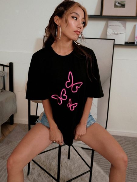 

drop shoulder butterfly print tee g5lw#, White