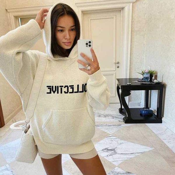 

women's sweaters wintejie 2021 fashion long-sleeved hooded loose-fitting knit sweater embroidery, White;black