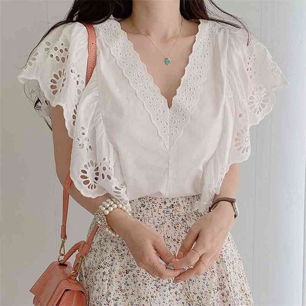 

summer short sleeve women korean embroidered hollow out ruffle lace shirt deep v-neck loose elegant solid blouse 13947 210421, White