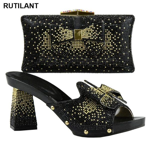 

dress shoes matching and bag set in heels black color italy shoe decorated with rhinestone african party
