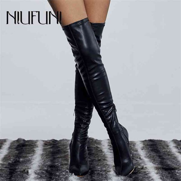 

elasticity genuine leather pointed slim zipper women over the knee heel thigh high woman boot stiletto high heels women's shoes 210914, Black