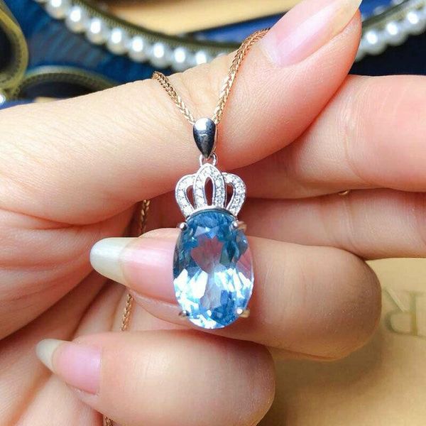

pendant necklaces design oval sky blue cz crown pendent women two tone chain anniversary gift lover fashion versatile jewelry, Silver