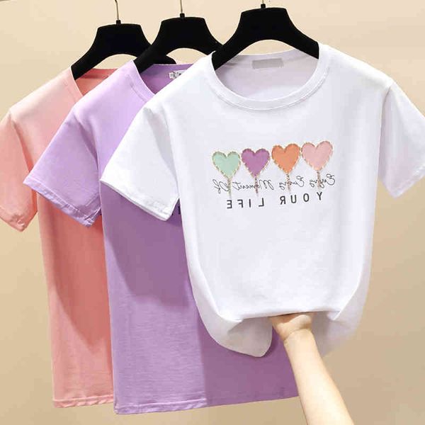 

women's t-shirt female shirt with printed phrase, embroidered flares, 2021 cotton, summer, korean shirt, short sleeve, women's clo, White