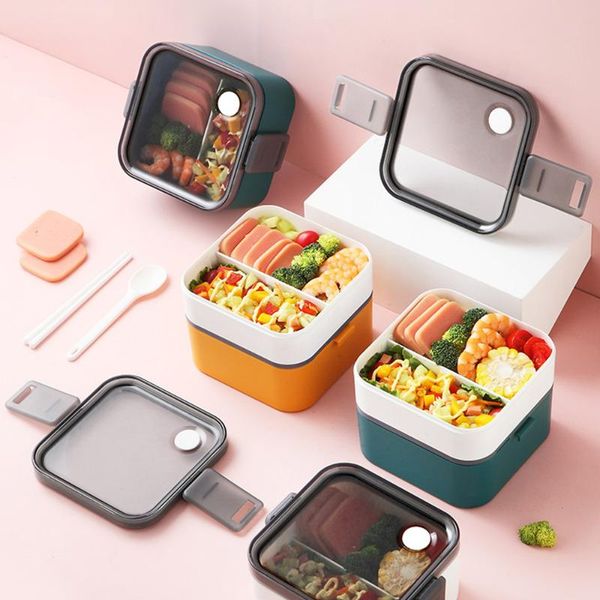 

leakproof lunch box stackable bento lunchbox for school kids office worker with handle 2-tier container 3 colors square dinnerware sets