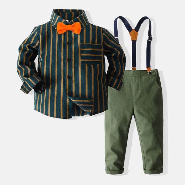 

boys clothing sets kids suits children outfit baby clothes long sleeve bow tie striped shirts suspenders trousers pants 2pcs gentleman birth, White