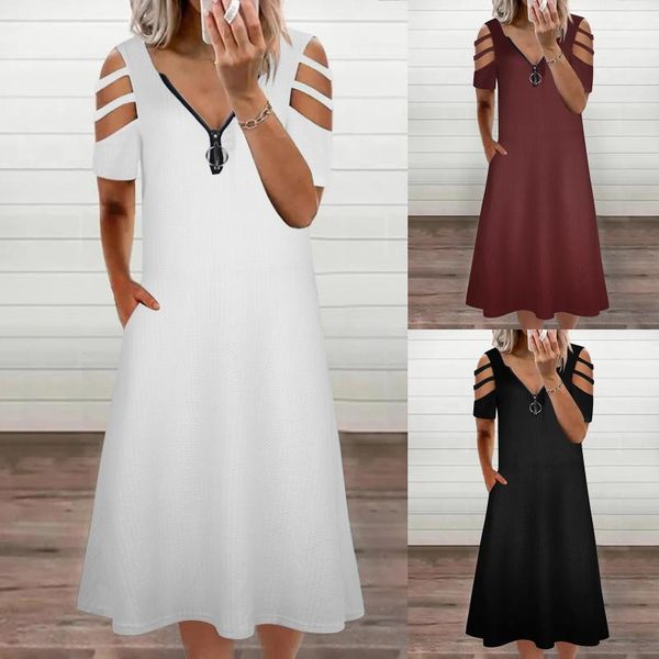 

casual dresses fashion for women 2022 v-neck short sleeve stap open back zipper dress -robe femme, Black;gray