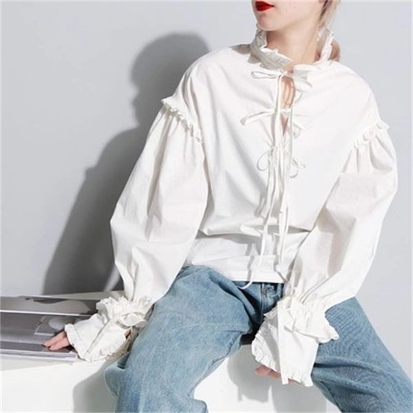 

spring and summer elegant women shirts retro lace bow knot long sleeve white shirt woman turtleneck puff sleeve 210421
