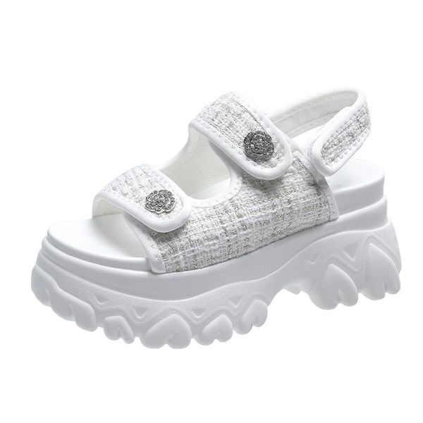 

sandals platfom women rivets 2021 summer buckle height increaming canvas hook & loop thick bottom slides outside wedges sandales, Black