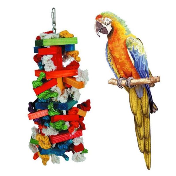 

other bird supplies large size colorful cotton rope wood block chewing biting hanging toy for pet parrot