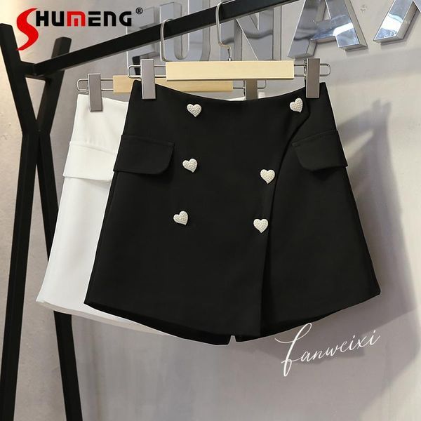 

women's shorts summer love beaded double breasted high waisted white 2021 irregular a- line wide leg casual culottes, White;black
