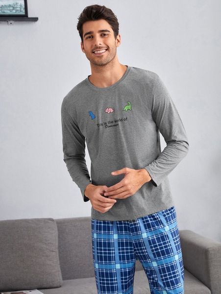 

men cartoon and slogan graphic pajama tee p7p8#, Black;brown