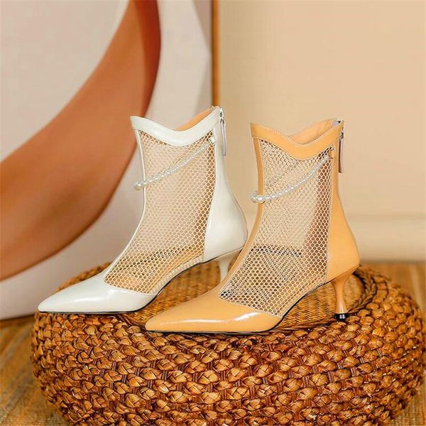 

dress shoes spring and summer ladies high heel sandals pointed toe mesh stiletto fashion party pearl chain, Black