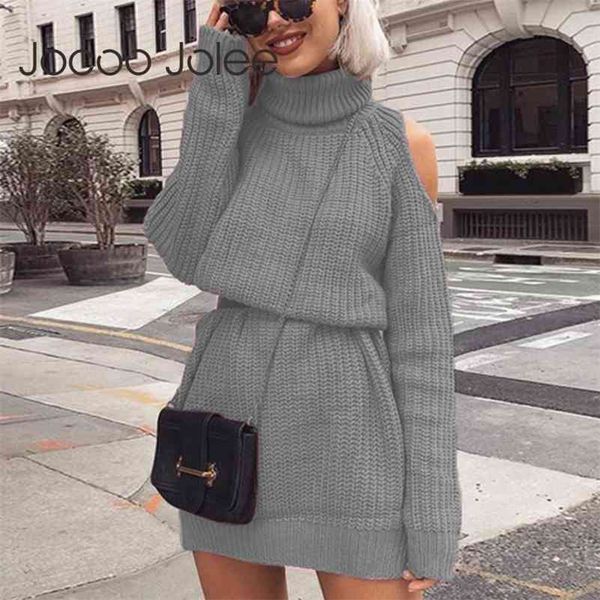 

women turtleneck sleeve off shoulder vintage autumn long sweater casual loose knitted dress 210416, Black;gray