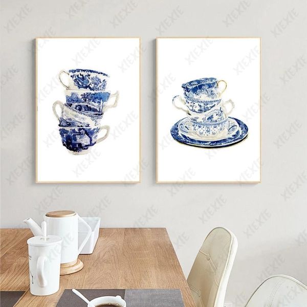 

paintings chinese style ceramic tableware poster blue and white porcelain art retro canvas painting pictures wall for office living room