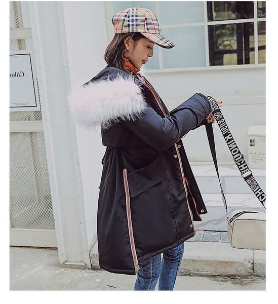 

large wool collar winter medium and long thickened warm cotton padded clothes women's down & parkas, Black