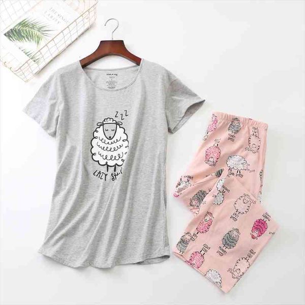 

summer women pajamas cotton print pink sheep set capris elastic waist plus size 3xl lounge pijamas s92905, Black;red