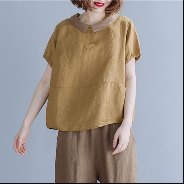 

johnature women blouses summer casual womens and korean fashion loose short sleeve solid color simple plus size shirts, White