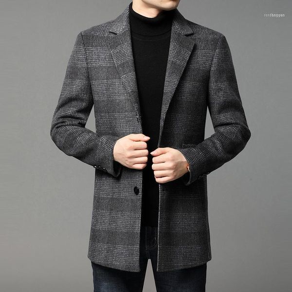 

men's wool & blends a woolen coat medium long plaid windbreaker 2021 slim fitting coat1, Black