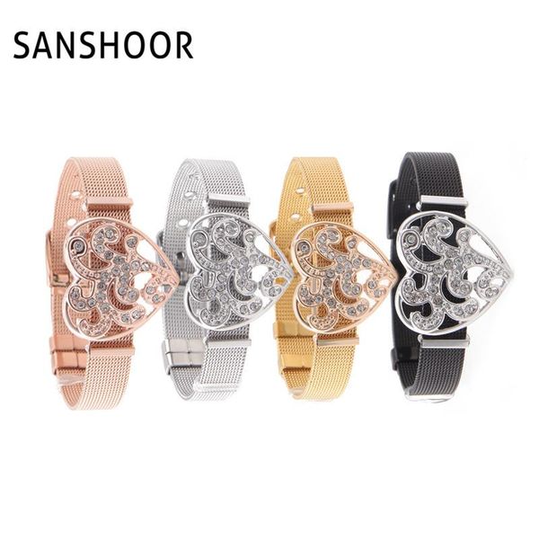 

charm bracelets sanshoor jewelry collection of charms heart with crystal patterns fit in fashionable mesh bracelet mixed colors as gift for, Golden;silver