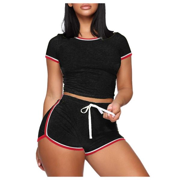 

yoga outfit women 2 piece short sleeve drawstring backless crop biker shorts matching set fitness sporty streetwear bodycon