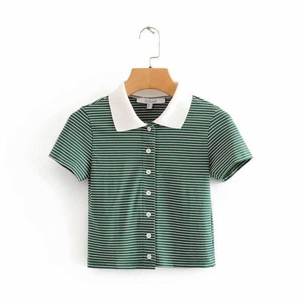 

summer fashion cardigan lapel short sleeve single breasted stripe slim fit t-shirt women's 210607, White